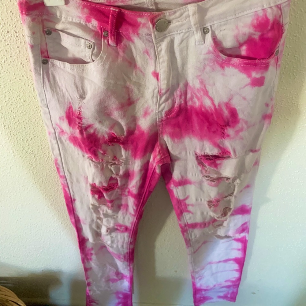 Pink Tye Dye Distressed Skinny Jeans